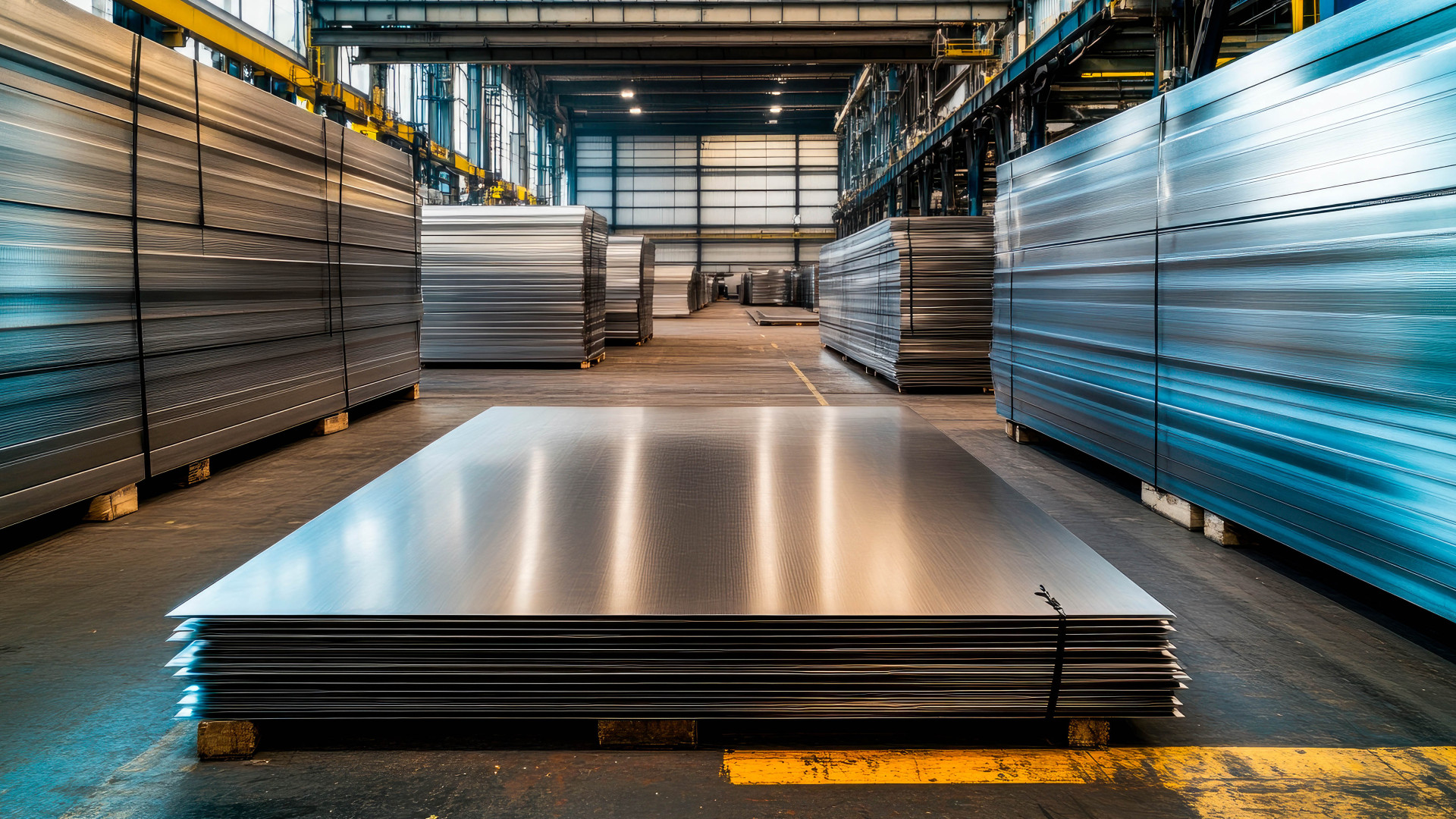 Stacks of polished metal sheets neatly arranged in a large industrial warehouse.